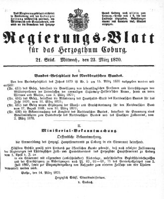 Regierungs-Blatt für das Herzogtum Coburg (Coburger Regierungs-Blatt) Mittwoch 23. März 1870