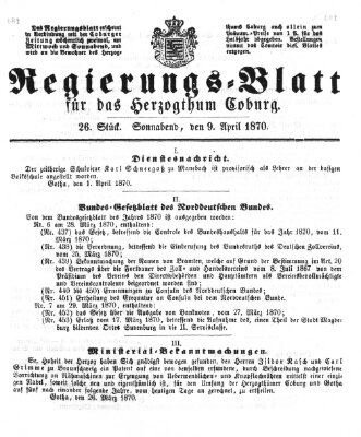 Regierungs-Blatt für das Herzogtum Coburg (Coburger Regierungs-Blatt) Samstag 9. April 1870