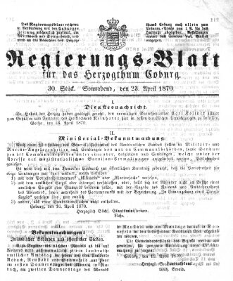 Regierungs-Blatt für das Herzogtum Coburg (Coburger Regierungs-Blatt) Samstag 23. April 1870