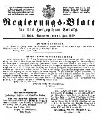 Regierungs-Blatt für das Herzogtum Coburg (Coburger Regierungs-Blatt) Samstag 11. Juni 1870