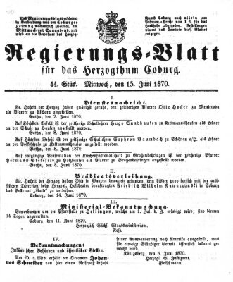 Regierungs-Blatt für das Herzogtum Coburg (Coburger Regierungs-Blatt) Mittwoch 15. Juni 1870