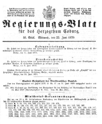 Regierungs-Blatt für das Herzogtum Coburg (Coburger Regierungs-Blatt) Mittwoch 22. Juni 1870