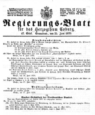 Regierungs-Blatt für das Herzogtum Coburg (Coburger Regierungs-Blatt) Samstag 25. Juni 1870