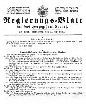 Regierungs-Blatt für das Herzogtum Coburg (Coburger Regierungs-Blatt) Samstag 30. Juli 1870