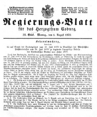 Regierungs-Blatt für das Herzogtum Coburg (Coburger Regierungs-Blatt) Montag 1. August 1870