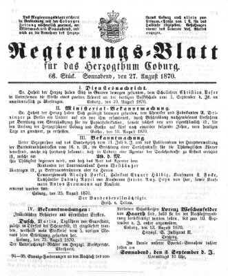 Regierungs-Blatt für das Herzogtum Coburg (Coburger Regierungs-Blatt) Samstag 27. August 1870