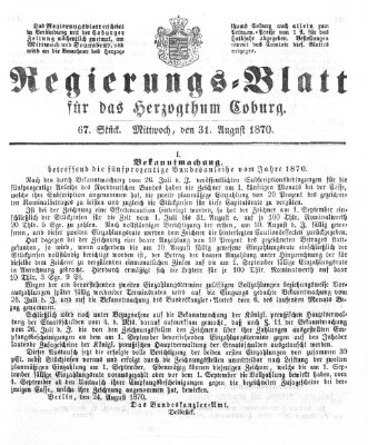 Regierungs-Blatt für das Herzogtum Coburg (Coburger Regierungs-Blatt) Mittwoch 31. August 1870