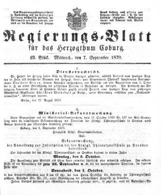 Regierungs-Blatt für das Herzogtum Coburg (Coburger Regierungs-Blatt) Mittwoch 7. September 1870