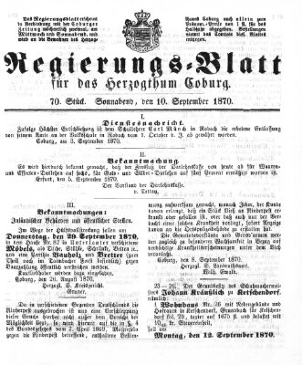 Regierungs-Blatt für das Herzogtum Coburg (Coburger Regierungs-Blatt) Samstag 10. September 1870