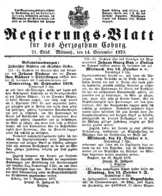 Regierungs-Blatt für das Herzogtum Coburg (Coburger Regierungs-Blatt) Mittwoch 14. September 1870