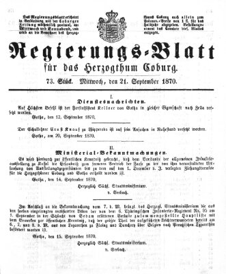 Regierungs-Blatt für das Herzogtum Coburg (Coburger Regierungs-Blatt) Mittwoch 21. September 1870