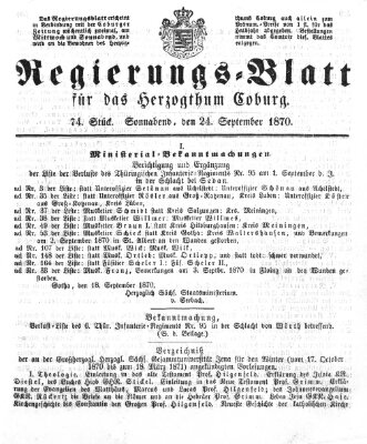 Regierungs-Blatt für das Herzogtum Coburg (Coburger Regierungs-Blatt) Samstag 24. September 1870