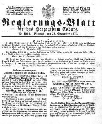 Regierungs-Blatt für das Herzogtum Coburg (Coburger Regierungs-Blatt) Mittwoch 28. September 1870