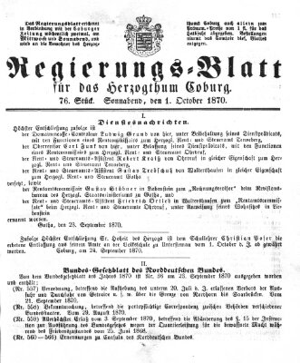 Regierungs-Blatt für das Herzogtum Coburg (Coburger Regierungs-Blatt) Samstag 1. Oktober 1870