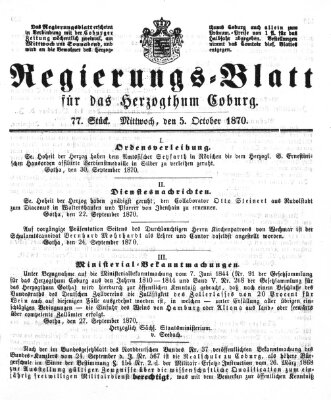 Regierungs-Blatt für das Herzogtum Coburg (Coburger Regierungs-Blatt) Mittwoch 5. Oktober 1870