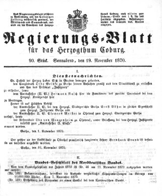 Regierungs-Blatt für das Herzogtum Coburg (Coburger Regierungs-Blatt) Samstag 19. November 1870