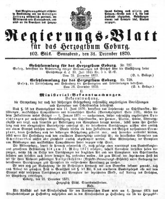 Regierungs-Blatt für das Herzogtum Coburg (Coburger Regierungs-Blatt) Samstag 31. Dezember 1870