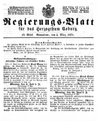 Regierungs-Blatt für das Herzogtum Coburg (Coburger Regierungs-Blatt) Samstag 4. März 1871