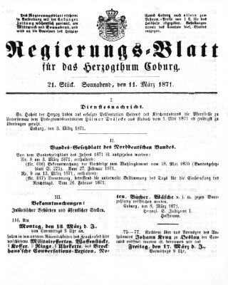 Regierungs-Blatt für das Herzogtum Coburg (Coburger Regierungs-Blatt) Samstag 11. März 1871