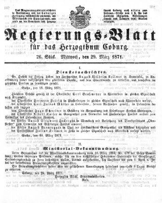 Regierungs-Blatt für das Herzogtum Coburg (Coburger Regierungs-Blatt) Mittwoch 29. März 1871