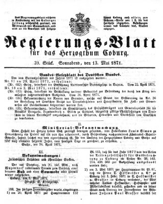 Regierungs-Blatt für das Herzogtum Coburg (Coburger Regierungs-Blatt) Samstag 13. Mai 1871