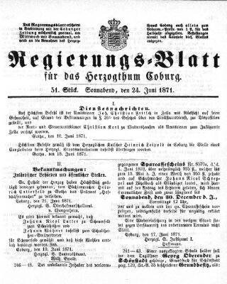 Regierungs-Blatt für das Herzogtum Coburg (Coburger Regierungs-Blatt) Samstag 24. Juni 1871