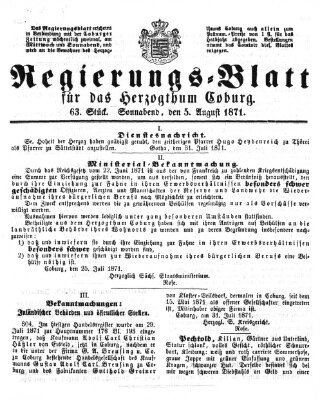 Regierungs-Blatt für das Herzogtum Coburg (Coburger Regierungs-Blatt) Samstag 5. August 1871