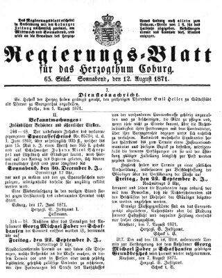 Regierungs-Blatt für das Herzogtum Coburg (Coburger Regierungs-Blatt) Samstag 12. August 1871