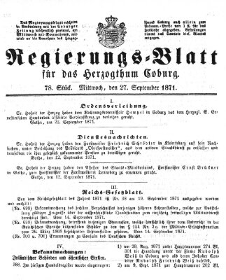 Regierungs-Blatt für das Herzogtum Coburg (Coburger Regierungs-Blatt) Mittwoch 27. September 1871