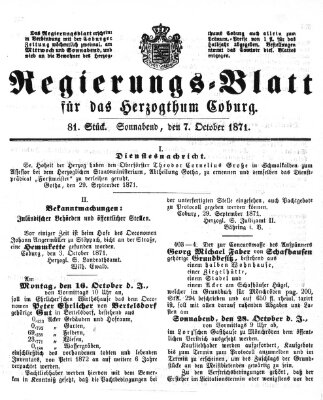 Regierungs-Blatt für das Herzogtum Coburg (Coburger Regierungs-Blatt) Samstag 7. Oktober 1871