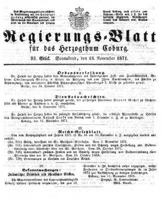 Regierungs-Blatt für das Herzogtum Coburg (Coburger Regierungs-Blatt) Samstag 18. November 1871