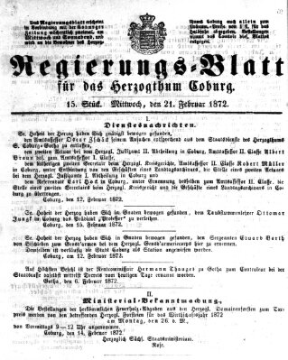 Regierungs-Blatt für das Herzogtum Coburg (Coburger Regierungs-Blatt) Mittwoch 21. Februar 1872