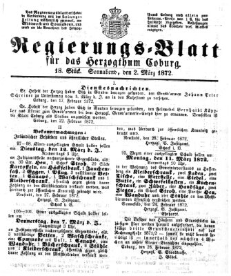 Regierungs-Blatt für das Herzogtum Coburg (Coburger Regierungs-Blatt) Samstag 2. März 1872