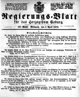 Regierungs-Blatt für das Herzogtum Coburg (Coburger Regierungs-Blatt) Mittwoch 3. April 1872