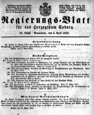 Regierungs-Blatt für das Herzogtum Coburg (Coburger Regierungs-Blatt) Samstag 6. April 1872