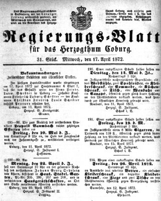 Regierungs-Blatt für das Herzogtum Coburg (Coburger Regierungs-Blatt) Mittwoch 17. April 1872