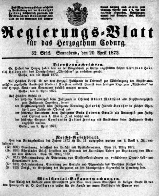 Regierungs-Blatt für das Herzogtum Coburg (Coburger Regierungs-Blatt) Samstag 20. April 1872