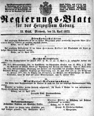 Regierungs-Blatt für das Herzogtum Coburg (Coburger Regierungs-Blatt) Mittwoch 24. April 1872