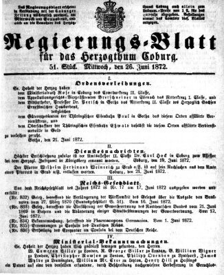 Regierungs-Blatt für das Herzogtum Coburg (Coburger Regierungs-Blatt) Mittwoch 26. Juni 1872