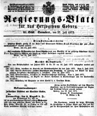 Regierungs-Blatt für das Herzogtum Coburg (Coburger Regierungs-Blatt) Samstag 27. Juli 1872