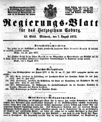 Regierungs-Blatt für das Herzogtum Coburg (Coburger Regierungs-Blatt) Mittwoch 7. August 1872