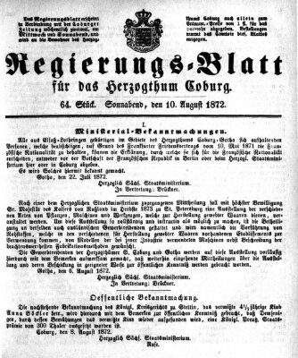 Regierungs-Blatt für das Herzogtum Coburg (Coburger Regierungs-Blatt) Samstag 10. August 1872