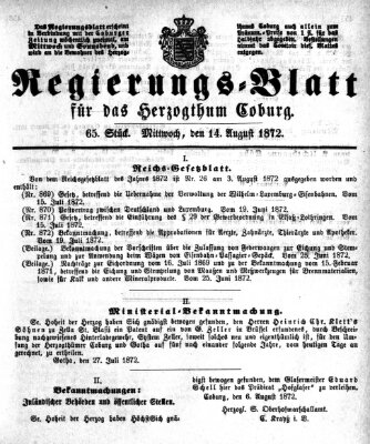 Regierungs-Blatt für das Herzogtum Coburg (Coburger Regierungs-Blatt) Mittwoch 14. August 1872