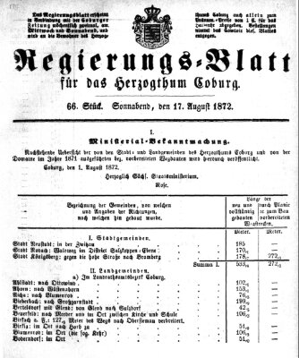 Regierungs-Blatt für das Herzogtum Coburg (Coburger Regierungs-Blatt) Samstag 17. August 1872