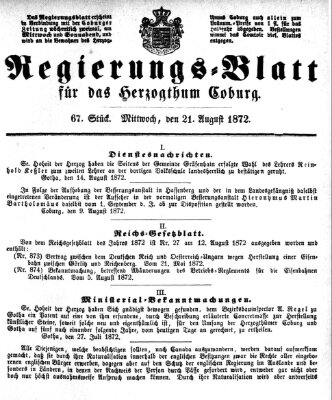 Regierungs-Blatt für das Herzogtum Coburg (Coburger Regierungs-Blatt) Mittwoch 21. August 1872