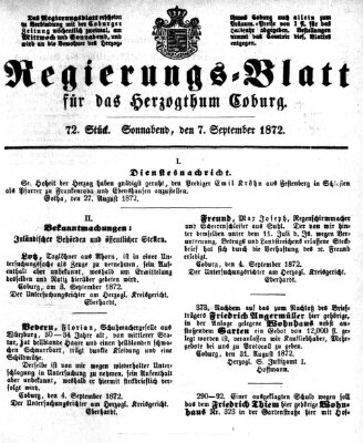 Regierungs-Blatt für das Herzogtum Coburg (Coburger Regierungs-Blatt) Samstag 7. September 1872