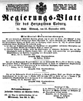 Regierungs-Blatt für das Herzogtum Coburg (Coburger Regierungs-Blatt) Mittwoch 18. September 1872