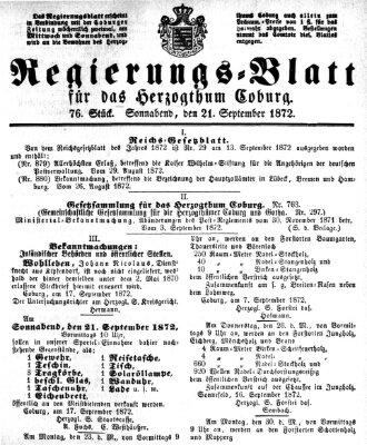 Regierungs-Blatt für das Herzogtum Coburg (Coburger Regierungs-Blatt) Samstag 21. September 1872