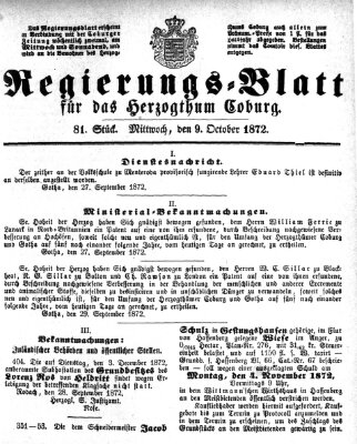 Regierungs-Blatt für das Herzogtum Coburg (Coburger Regierungs-Blatt) Mittwoch 9. Oktober 1872