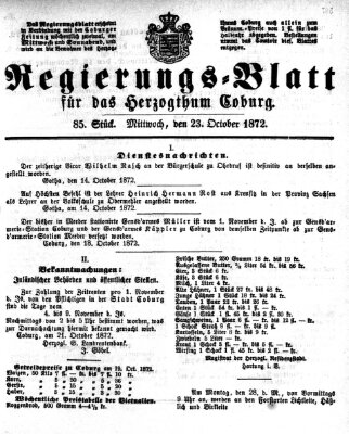 Regierungs-Blatt für das Herzogtum Coburg (Coburger Regierungs-Blatt) Mittwoch 23. Oktober 1872